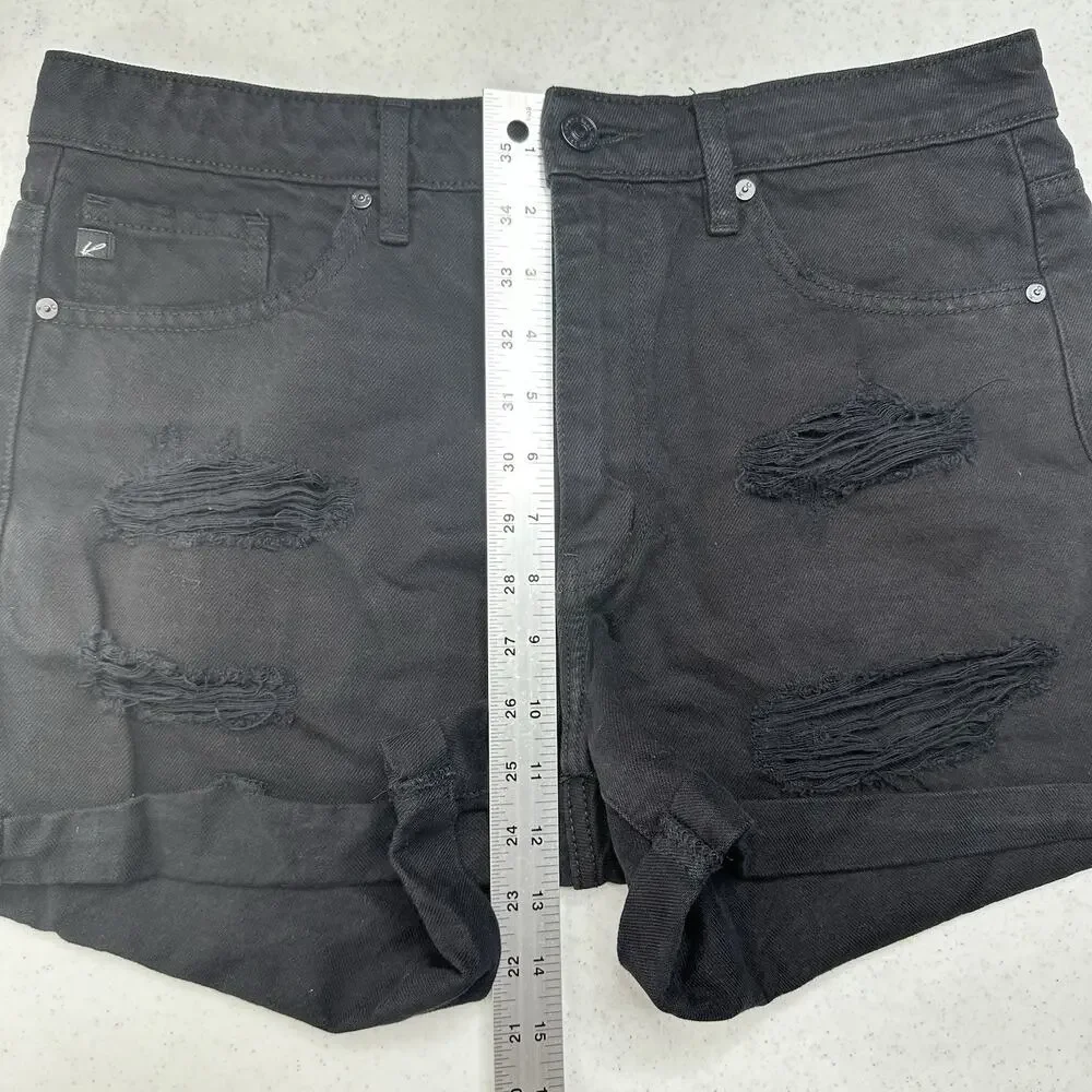 Kancan Shorts Womens Large High Rise Cuffed Black Jean Denim Distress Grunge EUC